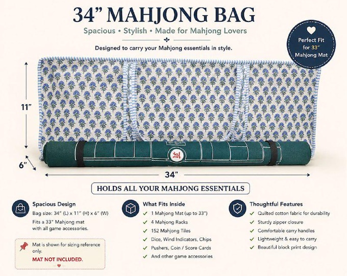 Personalized Quilted Mahjong Bag, Cotton Quilted Embroidered Mahjong Tote, Mahjong Set Storage Case, Handmade Tote, Gift for Mahjong Lovers