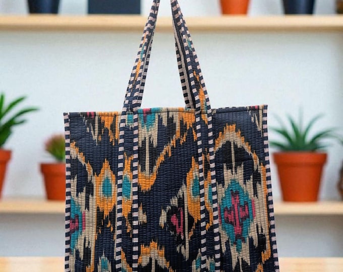 Handmade Quilted Cotton Tote Bag | Ikat Print Travel Shopper
