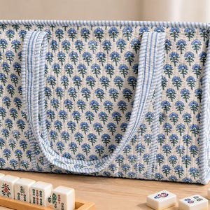 May include: A rectangular quilted tote bag featuring a repeating blue and green floral block print pattern on a white background, finished with light blue and white striped fabric trim along the edges and two matching striped shoulder straps.