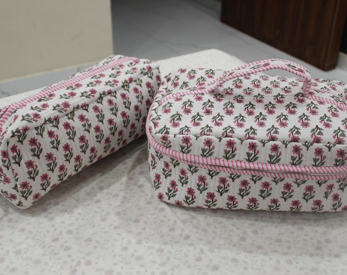 Pink Floral Handmade Cotton Quilted Block Print Travel Organizer Hair Tool Travel Case Compatible With Dyson Airwrap & Shark FlexStyle