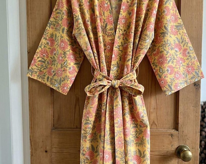 Floral Cotton Kimono Robe, Block Print Dressing Gown, Boho Bridal Getting Ready Robe, Lightweight Summer Robe, Bridesmaid Gift