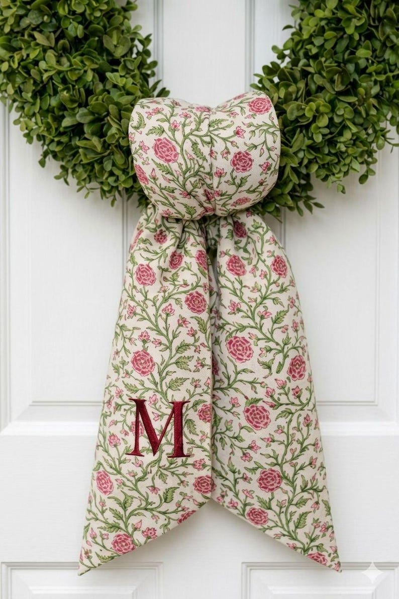 K&ouml;nnte beinhalten: Ein Kranzschleifenband aus Stoff mit cremefarbenem Hintergrund und einem wiederkehrenden Muster aus rosa Rosen und gr&uuml;nen Ranken. Das Band ist oben verknotet und zeigt auf einem der beiden herabh&auml;ngenden Stoffenden ein dunkelrot gesticktes M.