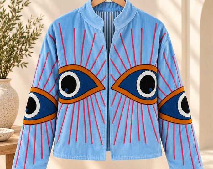 Blue Velvet Suzani Jacket for Women, Handmade Evil Eye Embroidered Jacket, Boho Statement Outerwear, Artisan Designer Jacket