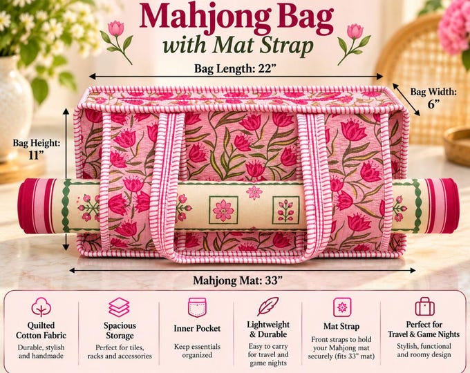 Personalized Mahjong Bag with Mat Strap, Quilted Pink Floral Cotton Tote, American Mahjong Travel Bag, Custom Name Game Night Gift