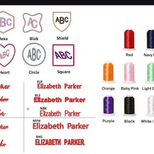 May include: A chart displaying embroidery options including eight geometric frame shapes labeled Wreath, Hexa, Blob, Shield, Octa, Heart, Circle, and Square. It features twelve font styles for the name Elizabeth Parker and fifteen thread color spools.
