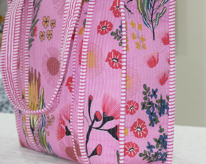 Pink Quilted Floral Bag – Handmade Cotton Tote for Women, Beach Bag, Grocery & Travel