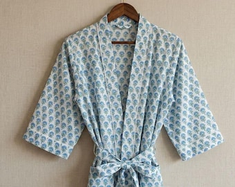 Peignoir kimono en coton à fleurs bleues, peignoir indien imprimé bloc, peignoir d'été léger, peignoir de demoiselle d'honneur, peignoir de spa, tenues de détente pour femmes faites main