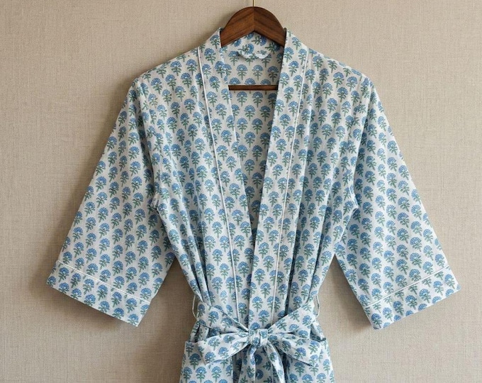 Cotton Kimono Robe for Women, Blue Floral Block Print Dressing Gown, Cozy Fall Loungewear, Christmas Gift for Her, Spa Bathrobe