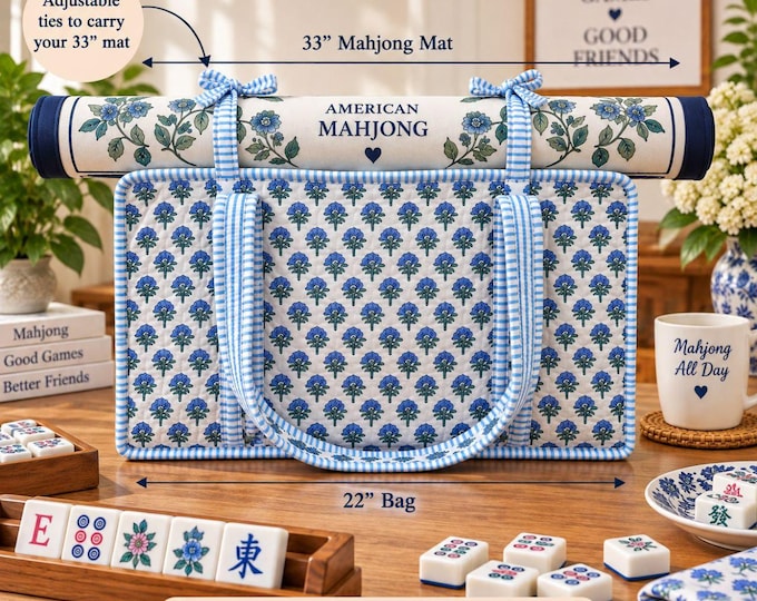 Mahjong Tote Bag with Mat Carrier Ties, Quilted Block Print Mah Jongg Bag, Blue Floral Mahjong Set Storage Case, Gift for Mahjong Lover