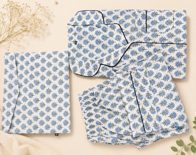 Floral Cotton Pajama Set, Hand Block Print Women’s PJs, Blue Floral Sleepwear, Indian Cotton Nightwear, Loungewear Set, Gift for Her