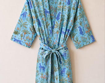 Blue Jungle Safari Kimono Robe for Women, Cotton Block Print Robe, Bridesmaid Robe, Boho Spa Robe, Lightweight Summer Loungewear