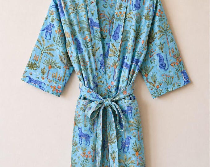 Blue Jungle Safari Kimono Robe for Women, Cotton Block Print Robe, Bridesmaid Robe, Boho Spa Robe, Lightweight Summer Loungewear