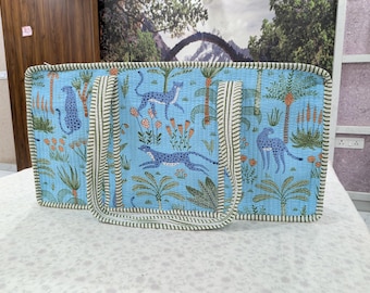 Blue Jungle Quilted Mahjong Bag, Mahjong Tile Storage Case, Leopard Print Mahjong Tote, Travel Game Bag, Gift for Mahjong Lover
