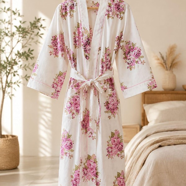 Cotton Kimono Robe for Women, Floral Bathrobe, Pink Rose Robe, Lightweight Spa Robe, Bridal Getting Ready Robe, Bridesmaid Gift, Cotton Gown