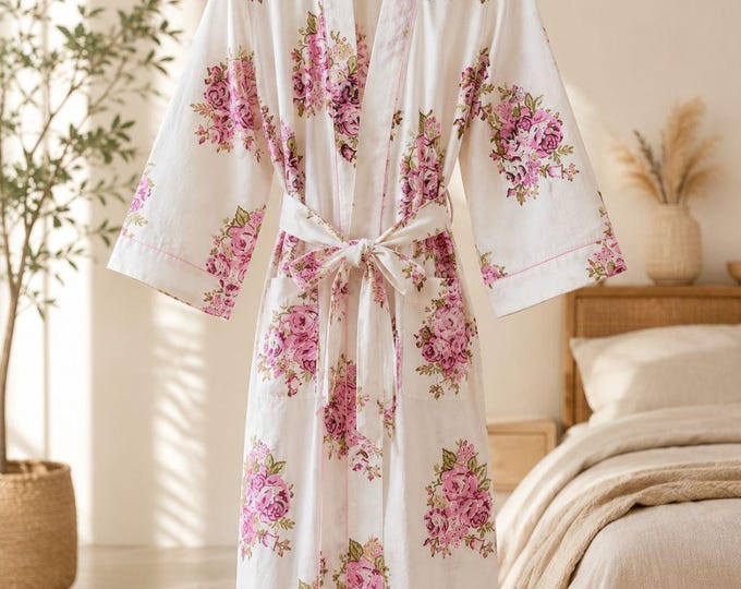 Cotton Kimono Robe for Women, Floral Bathrobe, Pink Rose Robe, Lightweight Spa Robe, Bridal Getting Ready Robe, Bridesmaid Gift, Cotton Gown