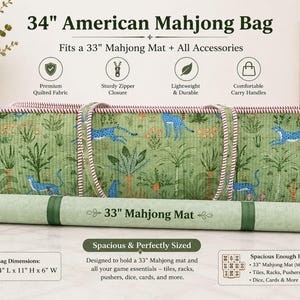 May include: A 34-inch quilted green fabric bag with a blue leopard and palm tree pattern, featuring red and white striped trim and carry handles. It includes a rolled 33-inch green mahjong mat. Text includes 34-inch American Mahjong Bag.