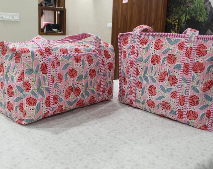 Handmade Floral Cotton Quilted Duffel and Tote | Indian Cotton Shoulder Bag for Travel
