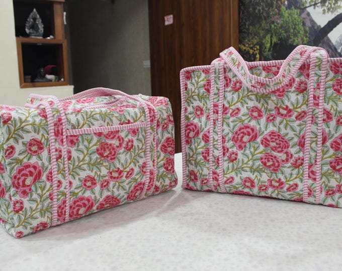 Pink Floral Quilted Travel Bag Set | Handmade Vanity & Tote Bag | Cottagecore Storage Bag | Gift for Her