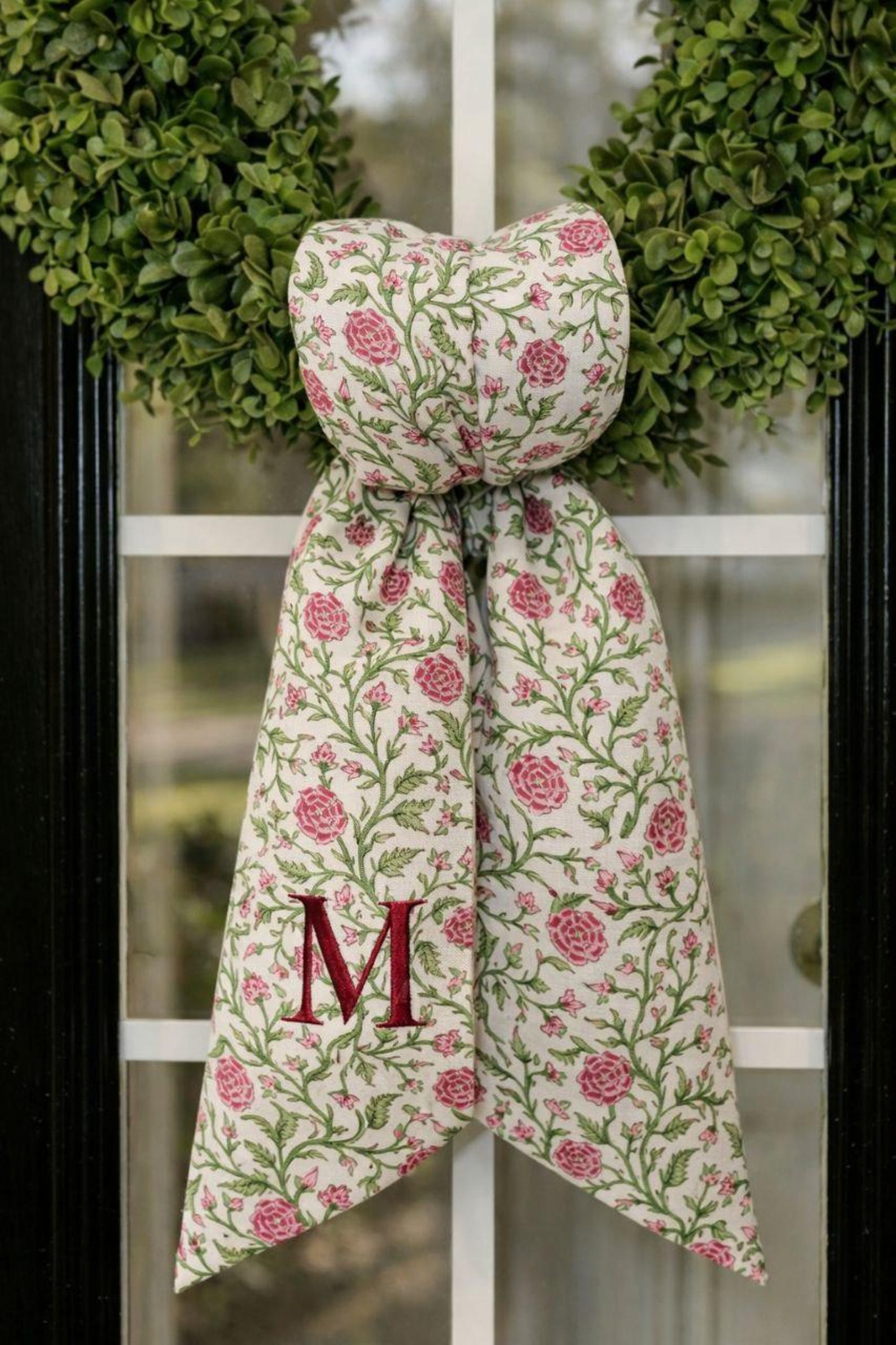 Personalized Wreath Sash, Monogram Door Sash, Floral Block Print Sash, Custom Initial Door Decor, Front Door Wreath Bow, Housewarming Gift