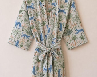 Jungle Kimono Robe for Women, Cotton Bathrobe, Blue Leopard Botanical Print, Boho Spa Loungewear, Bridesmaid Gift