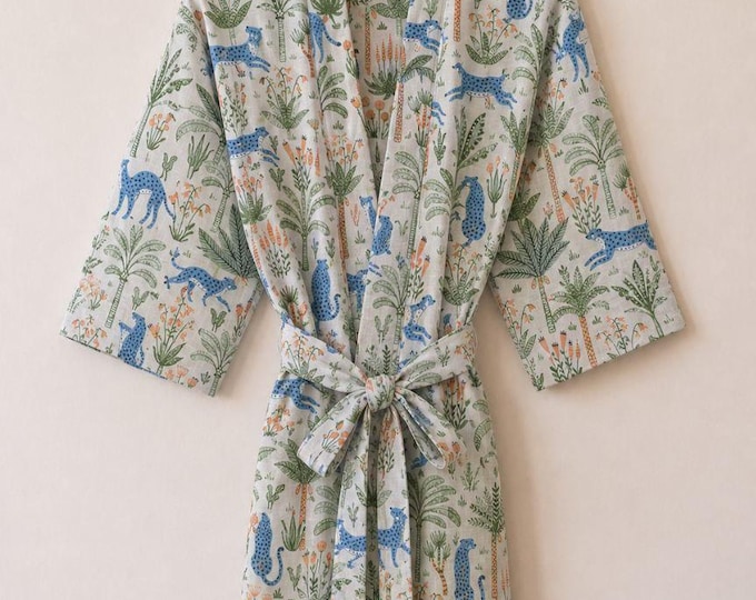 Jungle Kimono Robe for Women, Cotton Bathrobe, Blue Leopard Botanical Print, Boho Spa Loungewear, Bridesmaid Gift