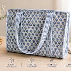 May include: A rectangular quilted tote bag featuring a blue and white floral block print pattern. The bag has two striped fabric handles and matching striped trim along the edges. Below the bag, text reads: HANDMADE WITH LOVE, SPACIOUS & PRACTICAL, BEAUTIFUL BLOCK PRINT, LIGHTWEIGHT & DURABLE, PERFECT GIFT FOR MAHJONG LOVERS.