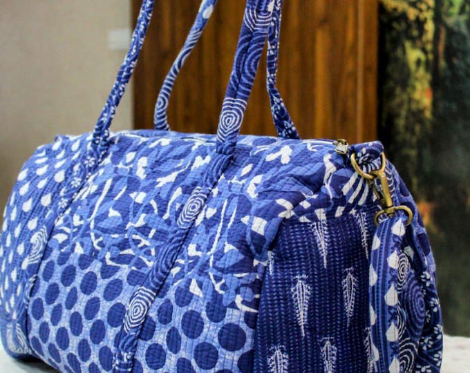 Handmade Quilted Duffle Bag | Block Print Cotton Weekender