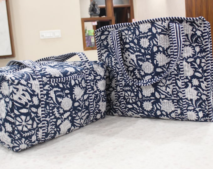 Handmade Blue Floral Quilted Tote & Duffle Bag Set | Lightweight Cotton Weekender