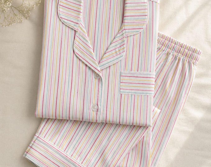 Personalized Cotton Pajama Set for Women, Striped PJs, Embroidered Sleepwear, Custom Monogram Gift, Bridal Pajamas, Bridesmaid Gift