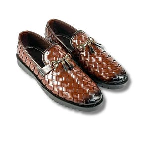 Handmade Burgundy Braided Leather Loafers - Men&#39;s Woven Slip-Ons
