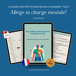 Könnte beinhalten: Drei digitale Tablets zeigen einen französischen Ratgeber mit dem Titel "Allège ta charge mentale!". Das zentrale Tablet zeigt eine farbenfrohe Puzzleteil-Menschenfigur. Der Text "Ces petites choses qui me ramènent à moi" ist enthalten.