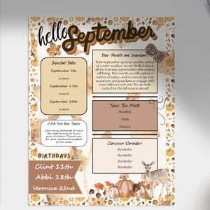 May include: A fall-themed school newsletter with the text "hello September." The newsletter includes important dates, topics for the month, classroom reminders, and student birthdays. A ruler is on the left side of the image.
