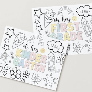 May include: Two coloring pages with the phrases "Oh hey Kindergarten" and "Oh hey First Grade" in pastel colors. The pages feature illustrations of stars, ice cream cones, rainbows, pencils, flowers, butterflies, and the name "Lenny" in a cloud.