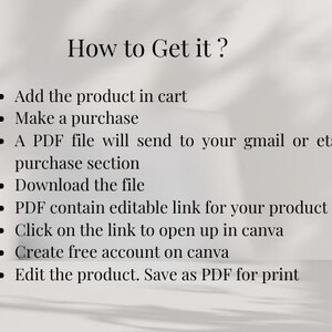 May include: A graphic with the text "How to Get it?" followed by a bulleted list of instructions. The steps include adding a product to a cart, making a purchase, and downloading a PDF file.