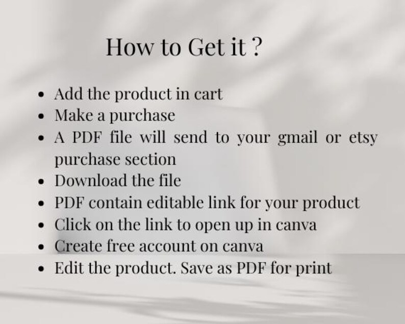 May include: A graphic with the text "How to Get it?" followed by a bulleted list of instructions. The steps include adding a product to a cart, making a purchase, and downloading a PDF file.
