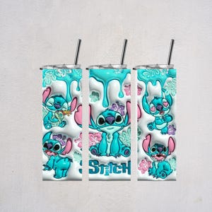 May include: Three cylindrical tumblers with lids and straws featuring a white background with a light blue drip pattern at the top. The tumblers are decorated with multiple illustrations of the blue character Stitch, pink hibiscus flowers, and the text Stitch.