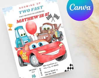 Watercolor Cars Birthday Invitation: Lightning McQueen, Mater, Canva Template (Digital Download)