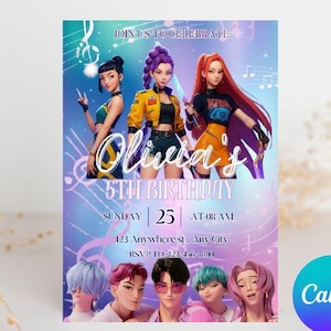 Może przedstawiać: Kolorowe zaproszenie urodzinowe z animowanymi postaciami. Tekst zaproszenia brzmi "5. Urodziny Olivii" ze szczegółami wydarzenia. Tło to gradient niebieskiego i fioletowego z nutami muzycznymi.