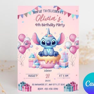Stitch Birthday Party Invitation Template: Editable Cartoon Design (Digital Download)