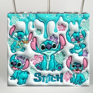 May include: A cylindrical tumbler featuring a white background with turquoise liquid drips at the top. The design includes multiple illustrations of the blue character Stitch in various poses, accented by pink and purple hibiscus flowers and leaves.