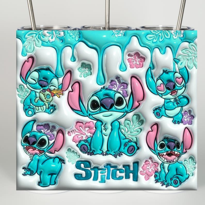 May include: A cylindrical tumbler featuring a white background with turquoise liquid drips at the top. The design includes multiple illustrations of the blue character Stitch in various poses, accented by pink and purple hibiscus flowers and leaves.