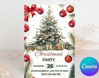 May include: A Christmas party invitation featuring a decorated Christmas tree, red ornaments, and a large red bow. The invitation includes the text "Christmas Party" and event details. The Canva logo is in the bottom right corner.