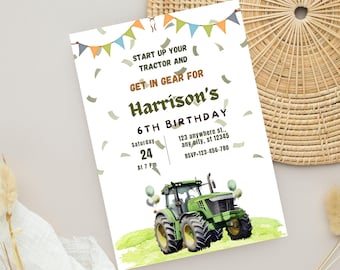 Editable Green Tractor Birthday Invitation (Digital Download)