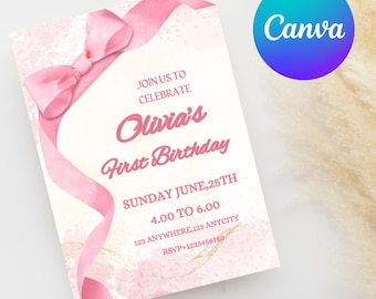 Faire-part de premier anniversaire avec noeud rose, invitation de coquette (modèle de toile modifiable)