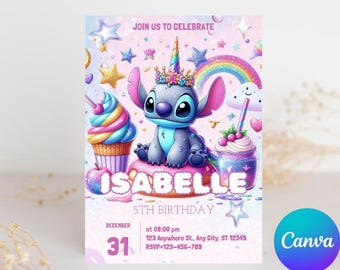 Stitch Birthday Party Invitation Template | Editable Cartoon Bday Evite & Fun Canva Design for Kids Party, Instant Download
