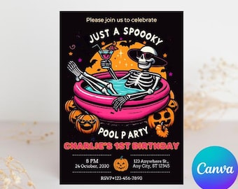 Bewerkbare Summerween-verjaardagsuitnodiging: Spooky Ghost Pool Party (digitale download)