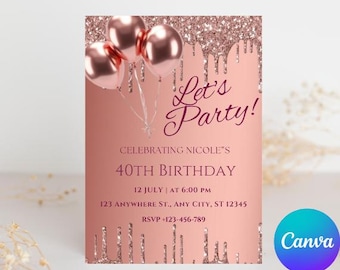 Rose Gold Birthday Invitation Template: Editable 40th/50th Birthday (Digital Download)