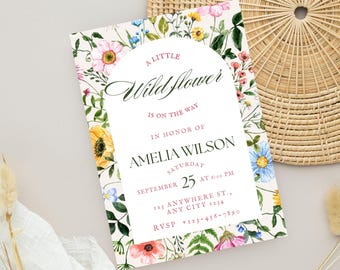 Redigerbar babyshowerinbjudan med vildblommor, vårblommor (Canva-mall)