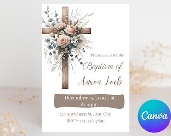 Wildflower Baptism Invitation Template, Dusty Pink Floral (Printable)