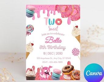 Two Sweet Birthday Invitation: Candy Donut Theme (Canva Template)